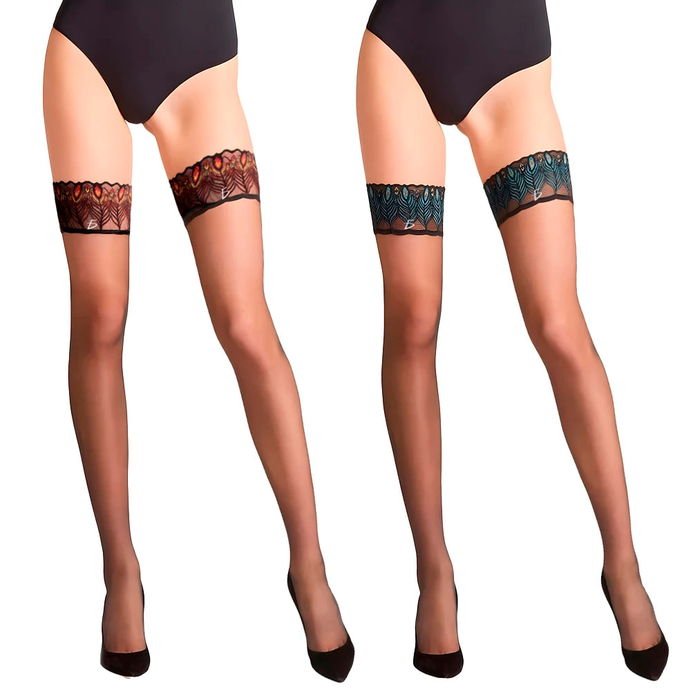 Fine Nylon Seamless Thigh High Stockings Women Cute Sexy Transparent Peacock Lace Print Solid Pattern Winter Summer Use