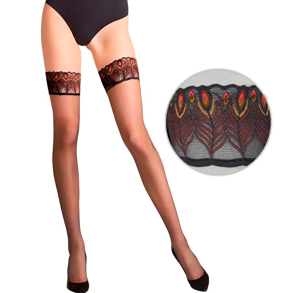 Fine Nylon Seamless Thigh High Stockings Women Cute Sexy Transparent Peacock Lace Print Solid Pattern Winter Summer Use