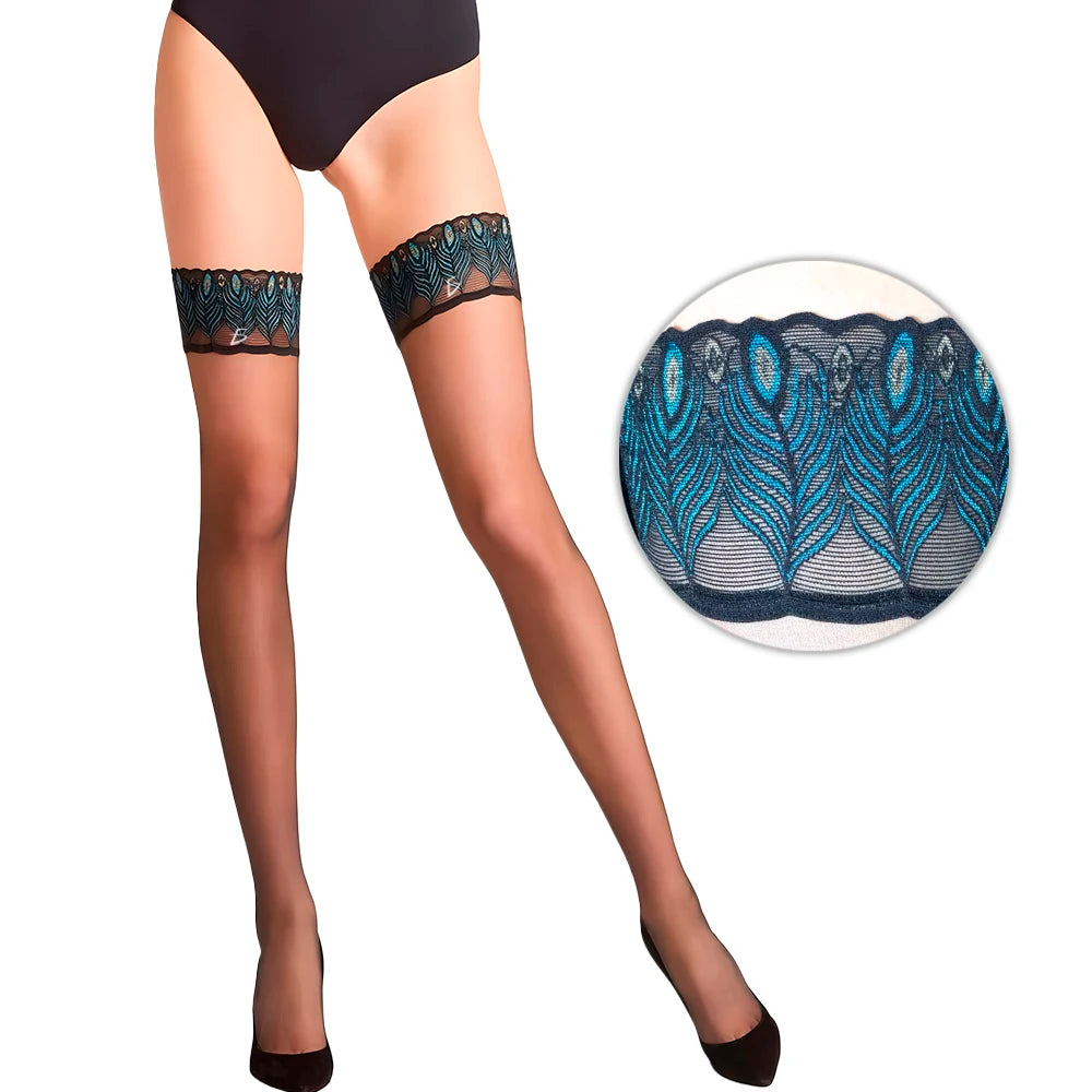 Fine Nylon Seamless Thigh High Stockings Women Cute Sexy Transparent Peacock Lace Print Solid Pattern Winter Summer Use