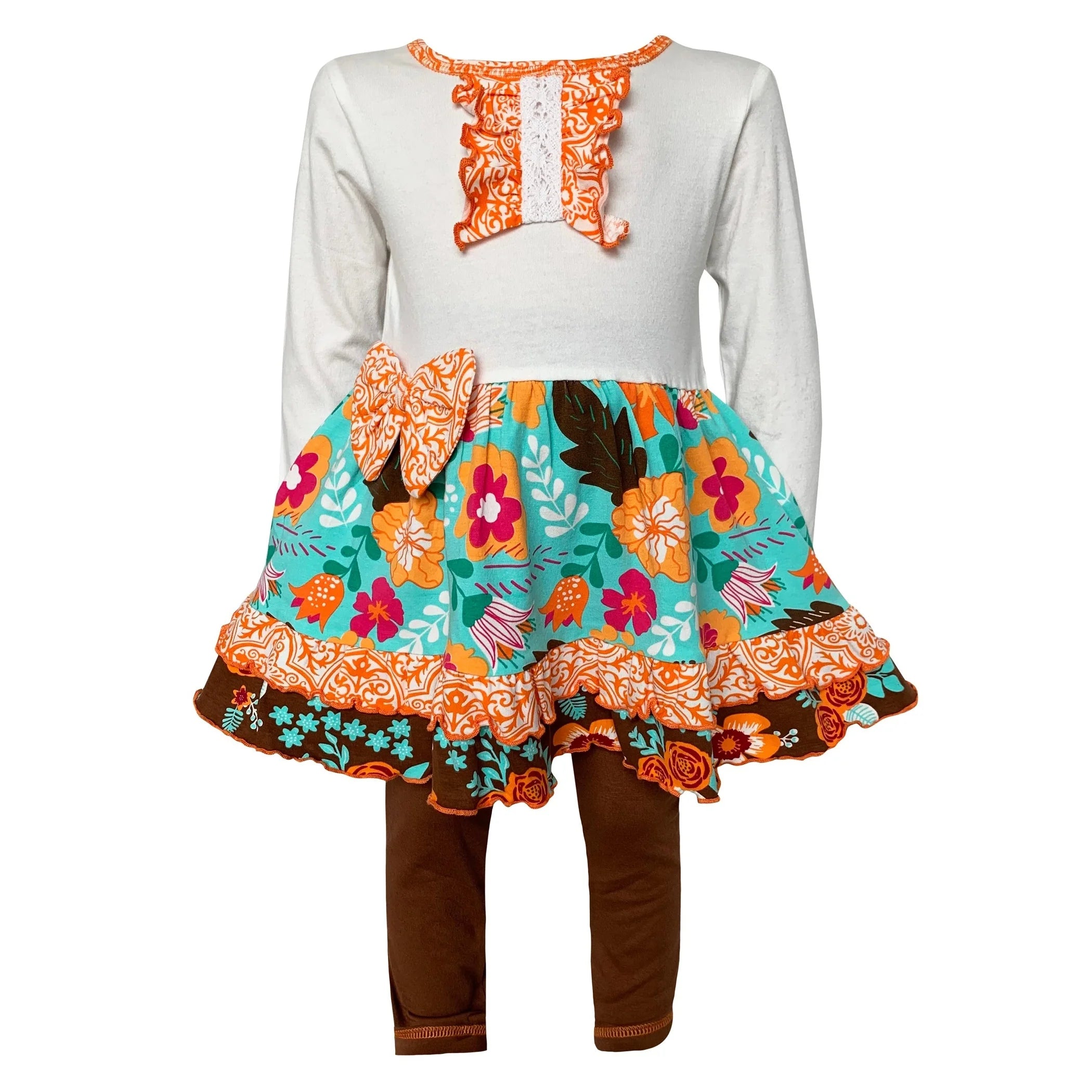 TD AnnLoren Girls Casual Autumn Floral Ruffle Thanksgiving Dress & Leggings Set for 2T 3T 4T & 6 Years