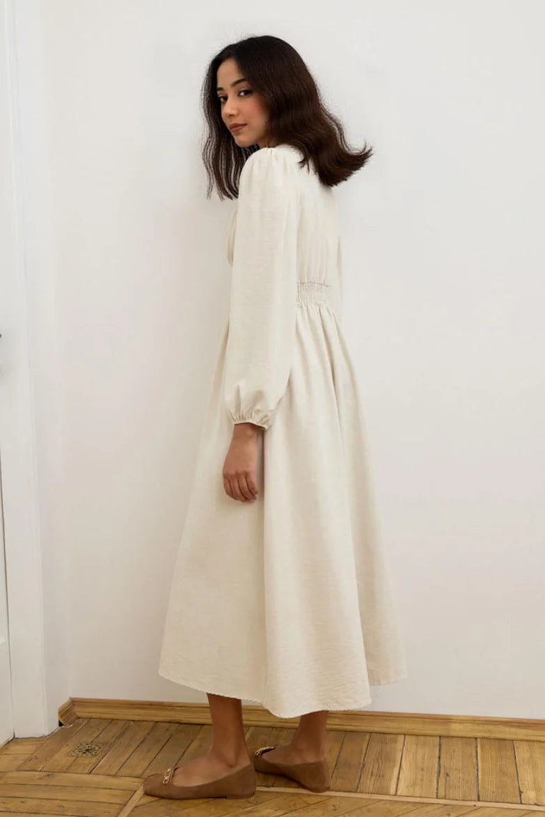 Cream V-Neck Long Sleeve Maxi Dress with Button Front - Elegant High Waist Flowy Gown for Women
