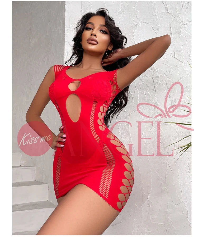 KISS ME ANGEL Erotic Black Blue Red Pantyhose Dress Hollow Out Fishnet Bodystocking Lingerie Set