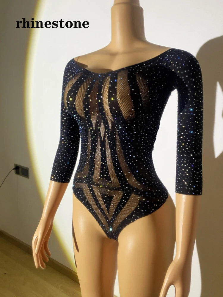 Women See Through Body Stockings Mesh Long Sleeves Costumes Fishnet Rhinestones Lingerie Sexy Bodysuit