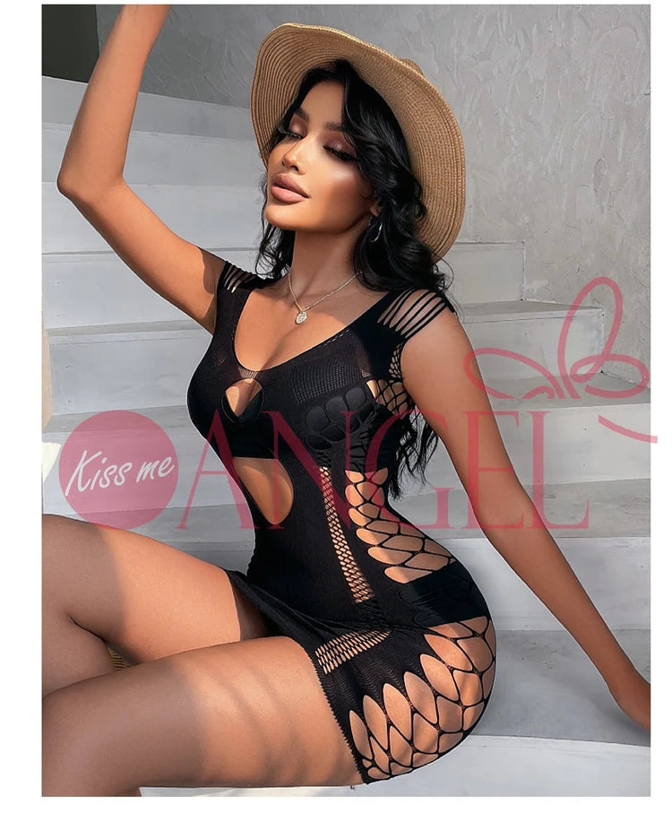 KISS ME ANGEL Erotic Black Blue Red Pantyhose Dress Hollow Out Fishnet Bodystocking Lingerie Set