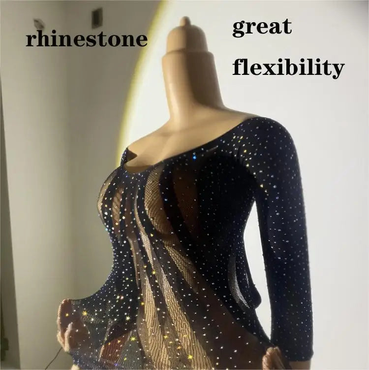 Women See Through Body Stockings Mesh Long Sleeves Costumes Fishnet Rhinestones Lingerie Sexy Bodysuit