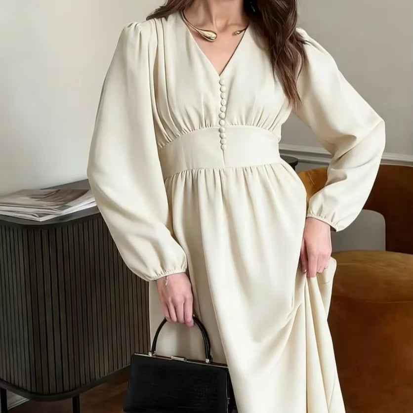 Cream V-Neck Long Sleeve Maxi Dress with Button Front - Elegant High Waist Flowy Gown for Women