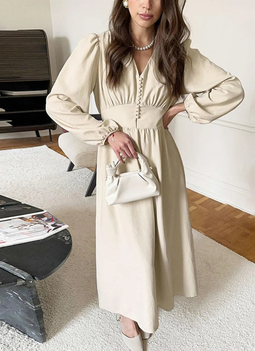 Cream V-Neck Long Sleeve Maxi Dress with Button Front - Elegant High Waist Flowy Gown for Women