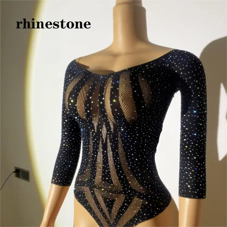 Women See Through Body Stockings Mesh Long Sleeves Costumes Fishnet Rhinestones Lingerie Sexy Bodysuit