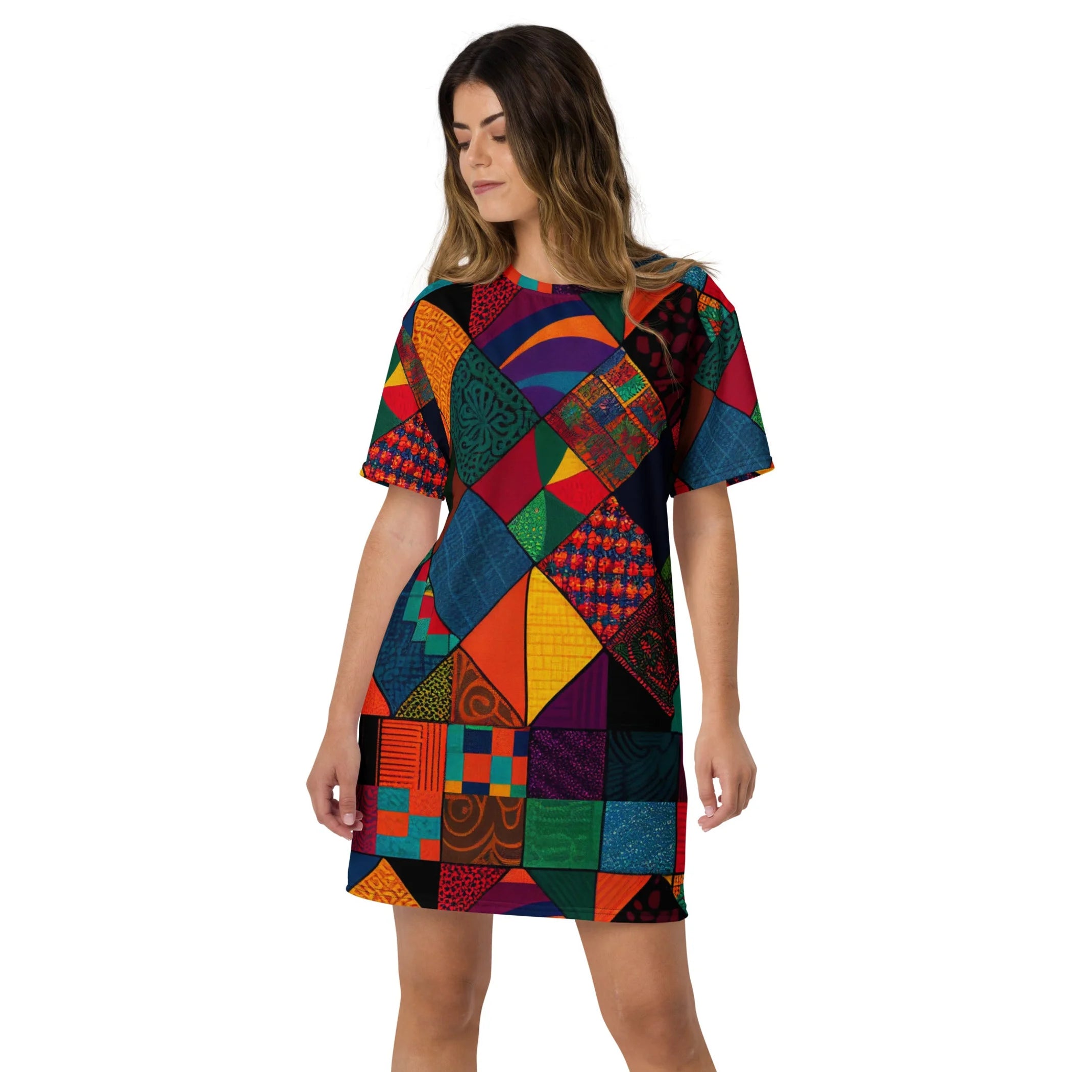 TD Ankara Patchwork Summer T-Shirt Dress for Women Spandex Material Empire Waistline Knee-Length Light XL Size for Day Party