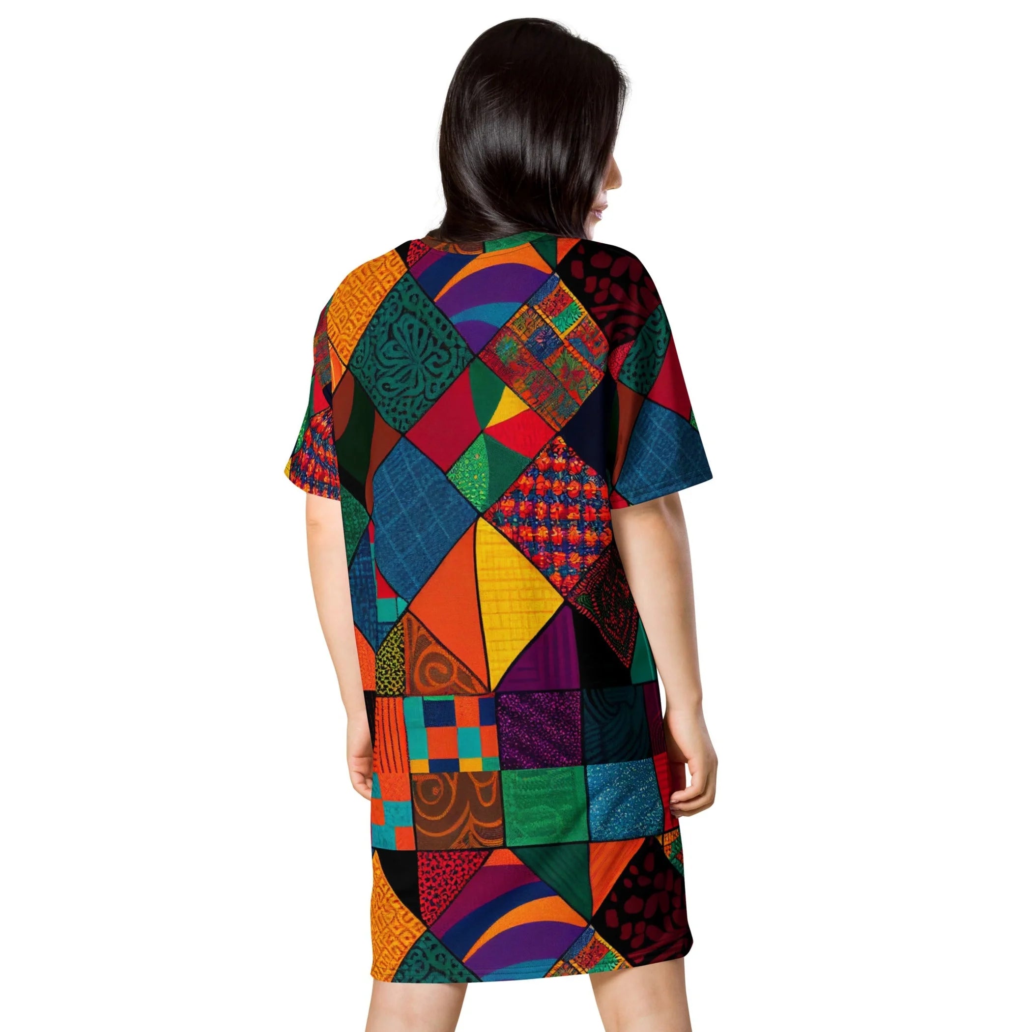 TD Ankara Patchwork Summer T-Shirt Dress for Women Spandex Material Empire Waistline Knee-Length Light XL Size for Day Party