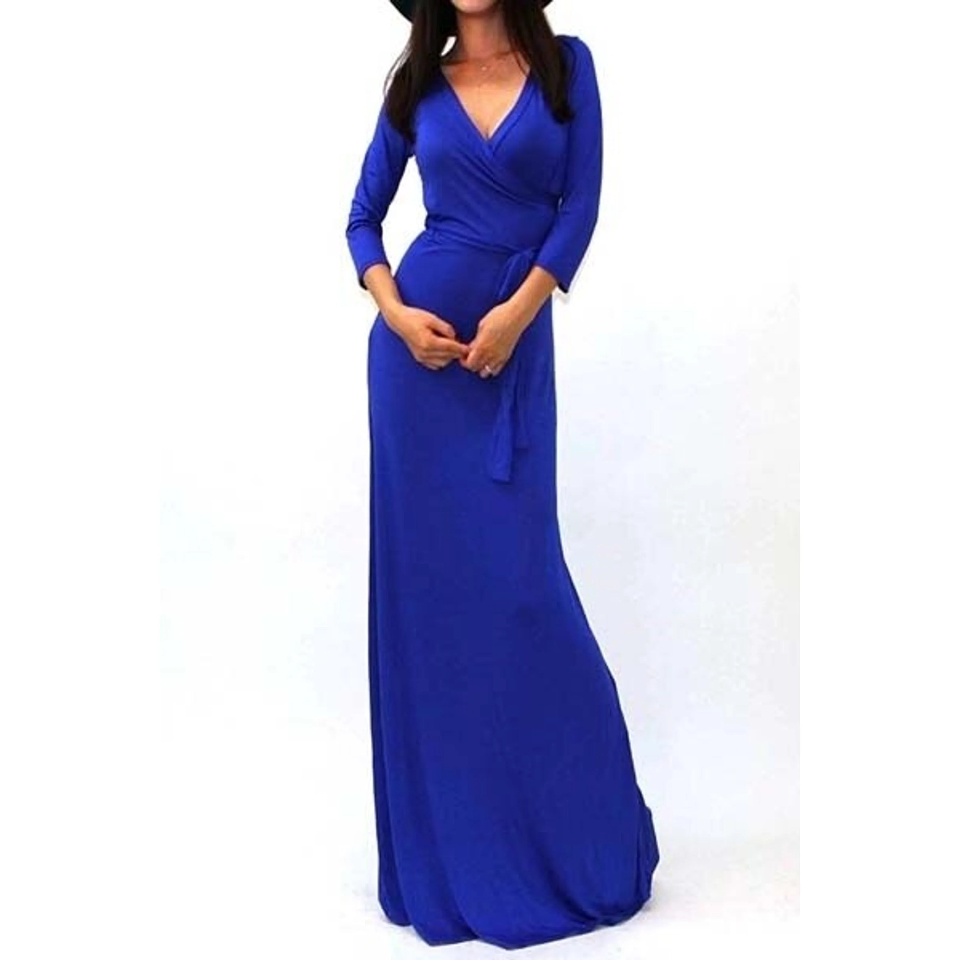 Blue TD Quarter Sleeve Faux Wrap Maxi Dress for Career Elegant and Stylish