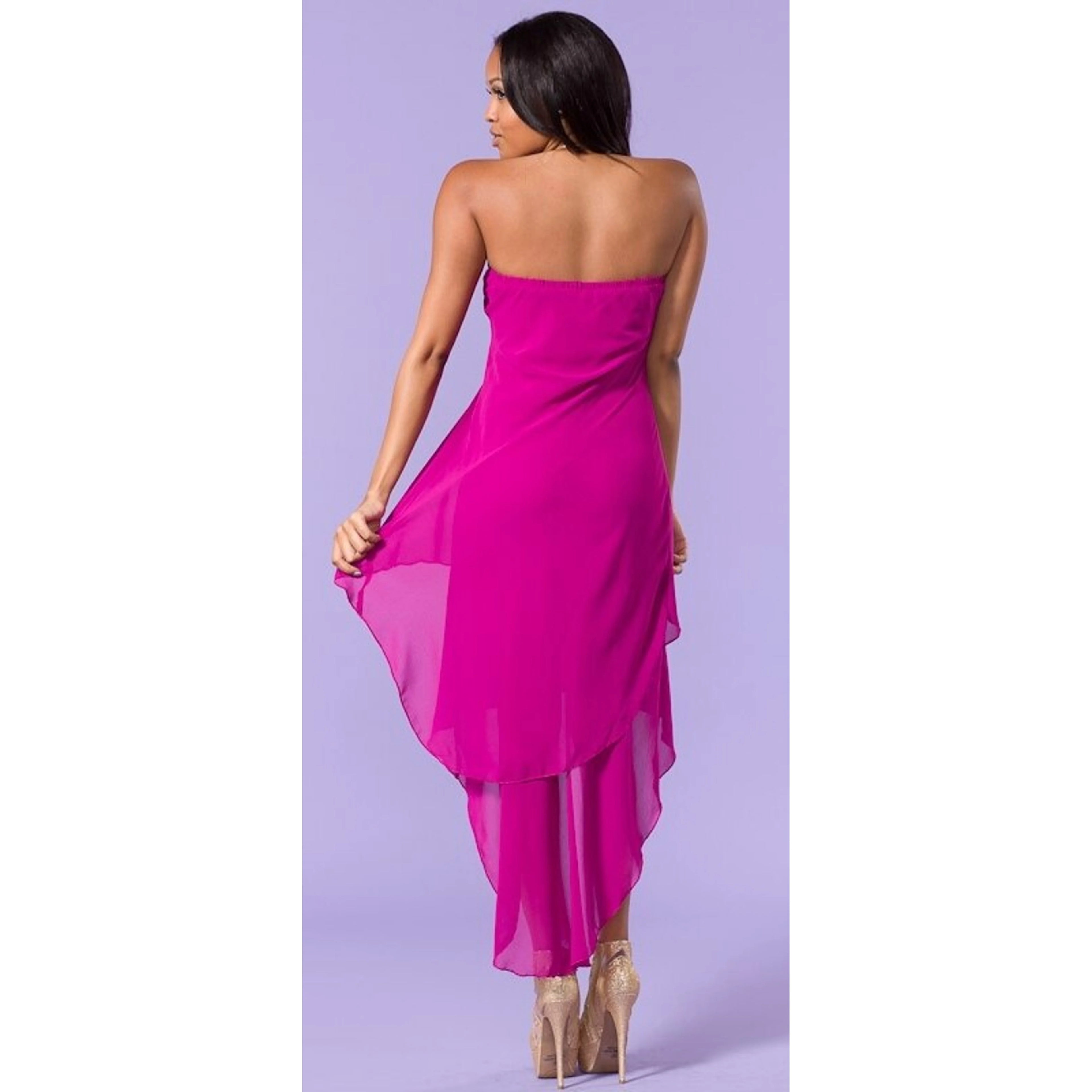 TD Gorgeous High-Low Maxi Dress with Layered V-Cut Neckline Ball Gown Silhouette for Bridesmaid or Party Size XS
