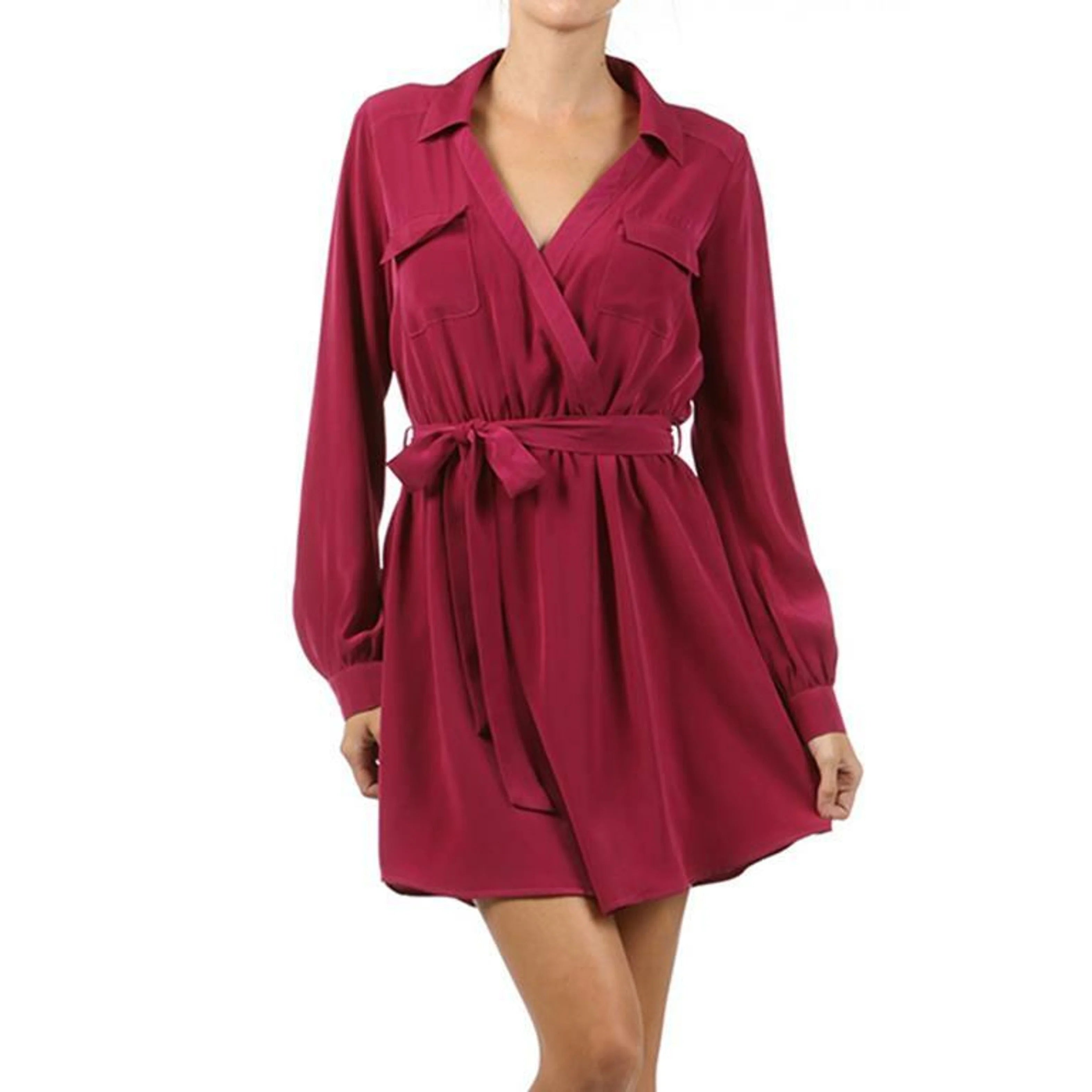 TD A-Line Wrap Dress with Chest Pockets and Waist Tie Women's Fashion
