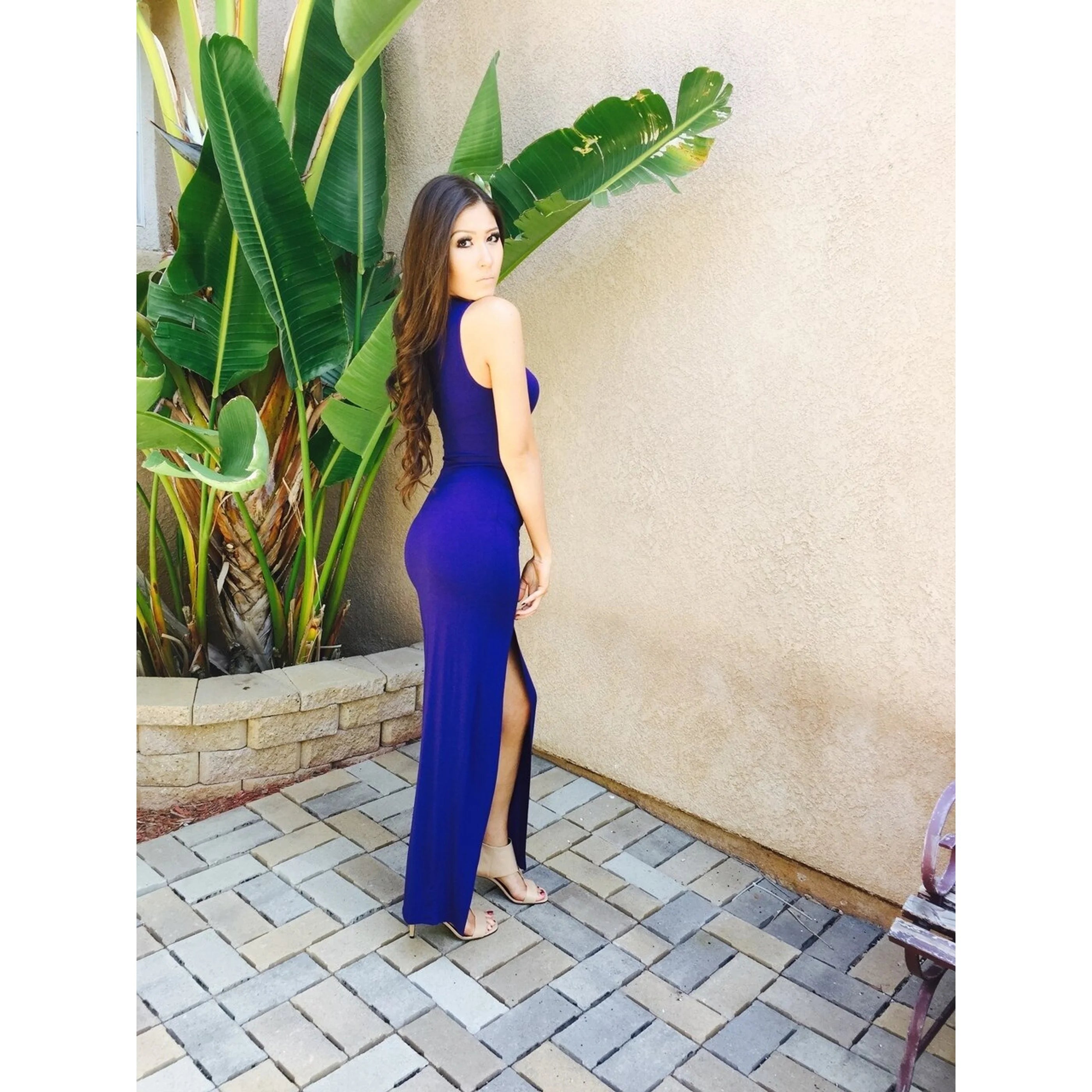 TD Maximize Woman's Blue Slit Maxi Dress Custom Designed Floor-Length Elegant Casual Party Style with Ruffles ODM XS to XL Sizes