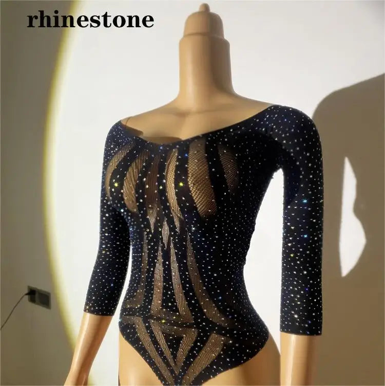 Women See Through Body Stockings Mesh Long Sleeves Costumes Fishnet Rhinestones Lingerie Sexy Bodysuit