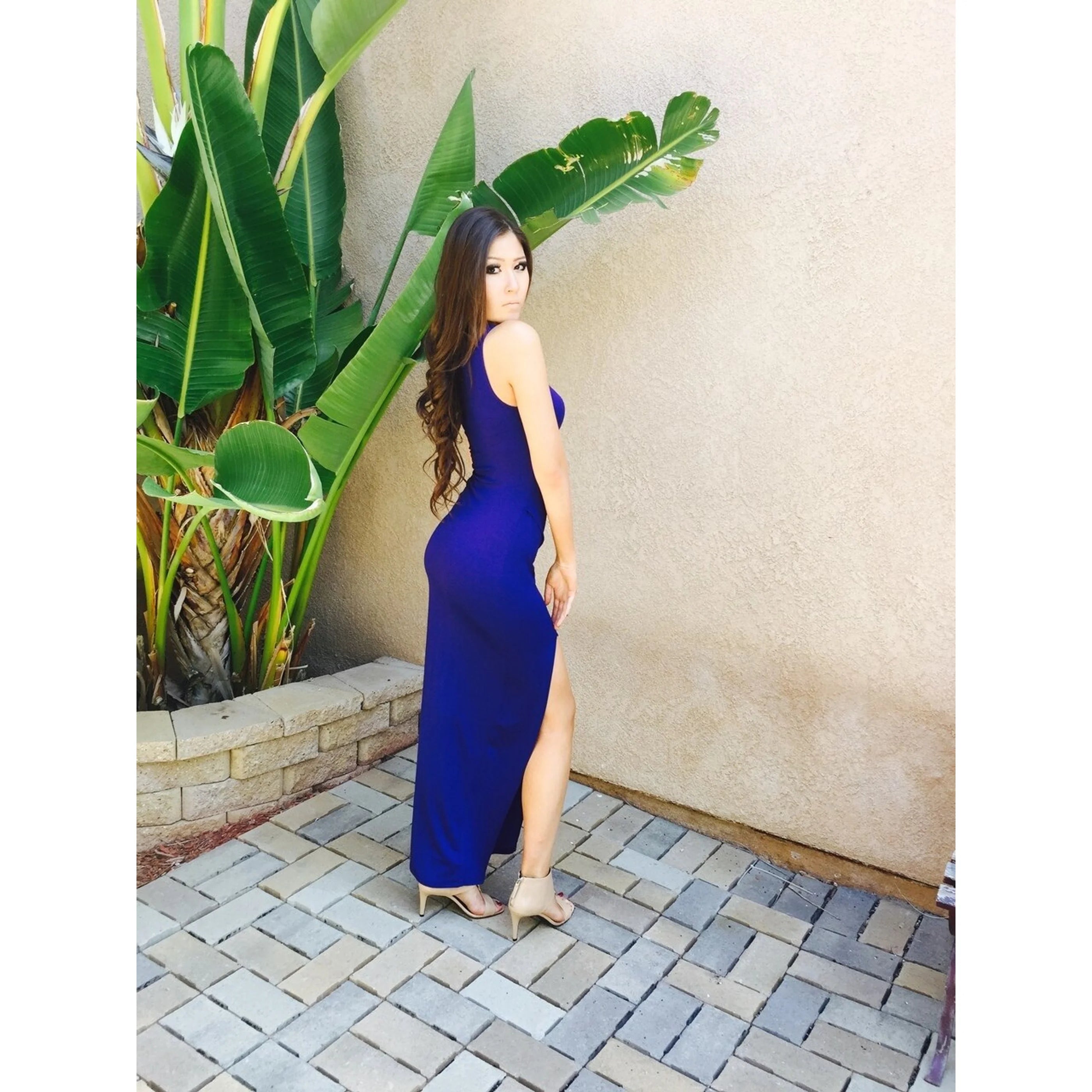 TD Maximize Woman's Blue Slit Maxi Dress Custom Designed Floor-Length Elegant Casual Party Style with Ruffles ODM XS to XL Sizes