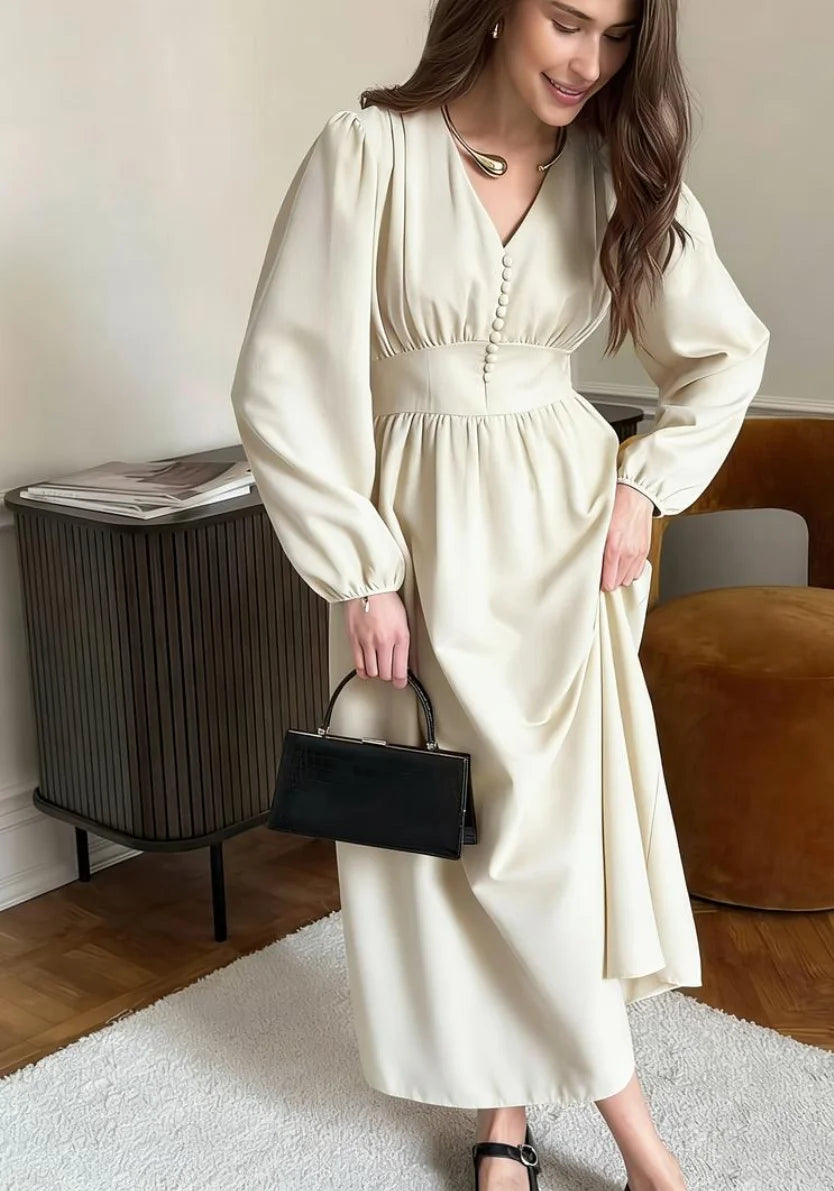 Cream V-Neck Long Sleeve Maxi Dress with Button Front - Elegant High Waist Flowy Gown for Women