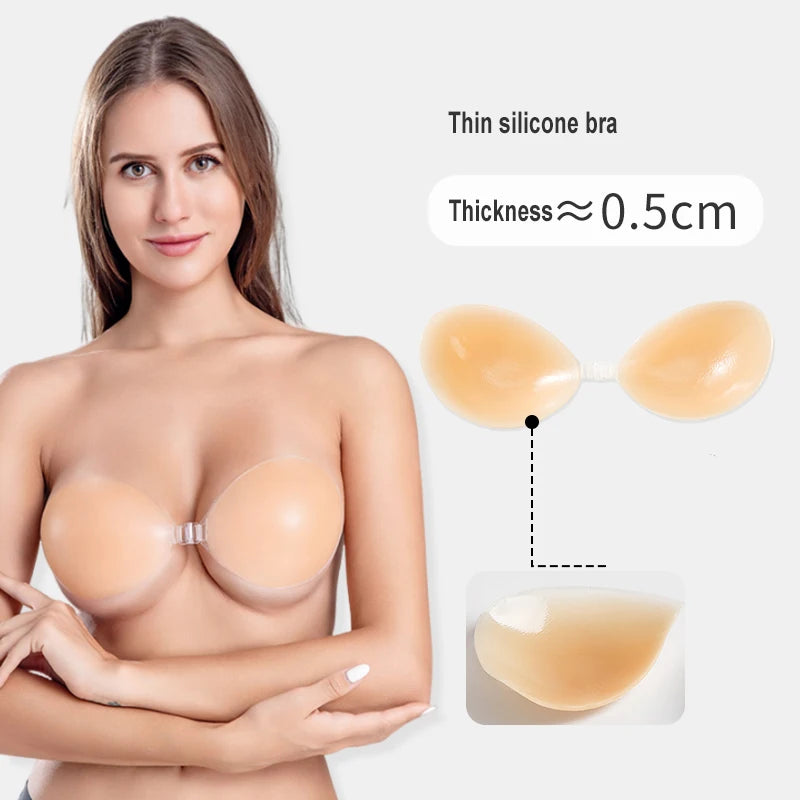 2 PCS Fast Shipping Thin Silicone Adhesive Bra with Strap Women's Sticky Invisible Push-up Underwear for Backless Dress Logo Cup
