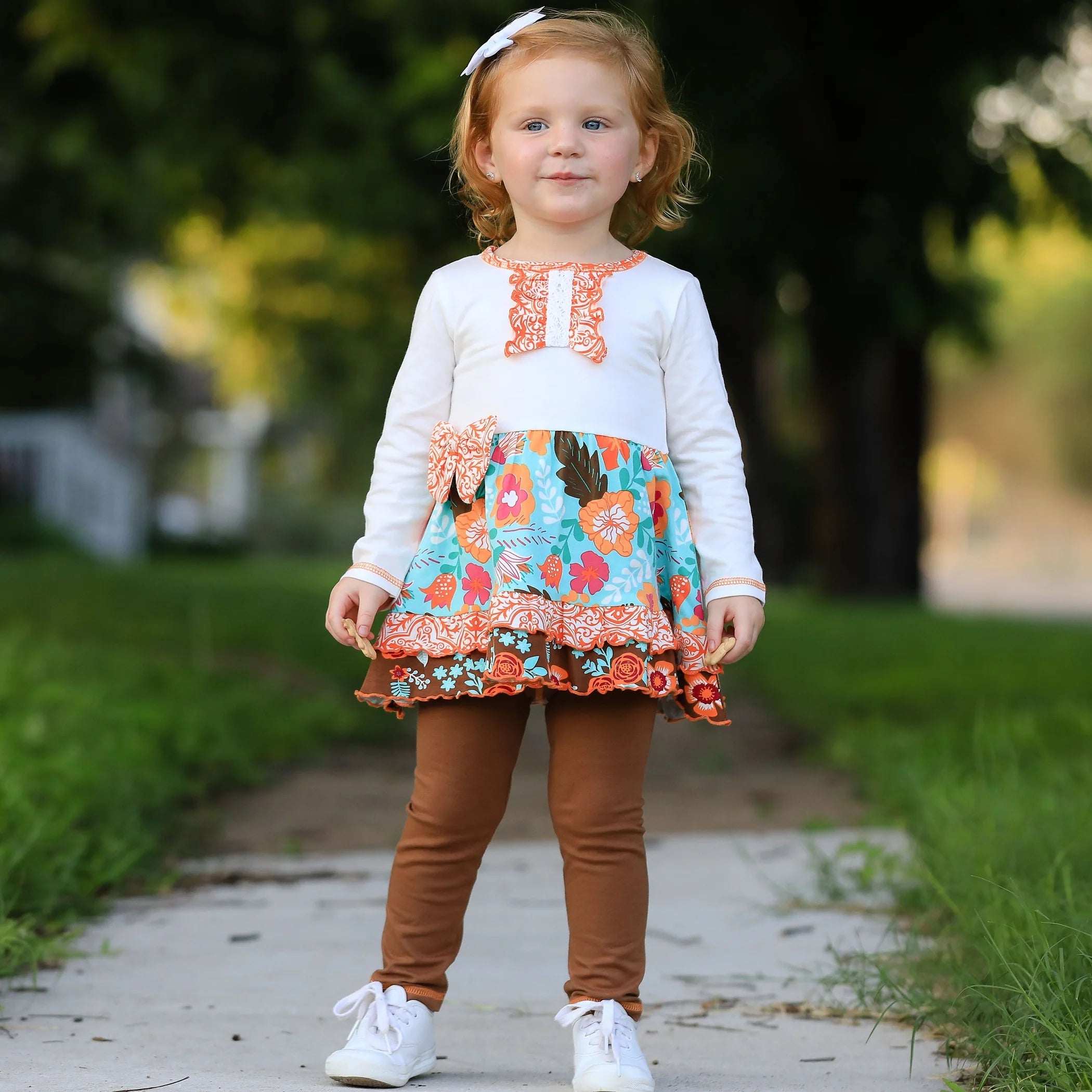 TD AnnLoren Girls Casual Autumn Floral Ruffle Thanksgiving Dress & Leggings Set for 2T 3T 4T & 6 Years