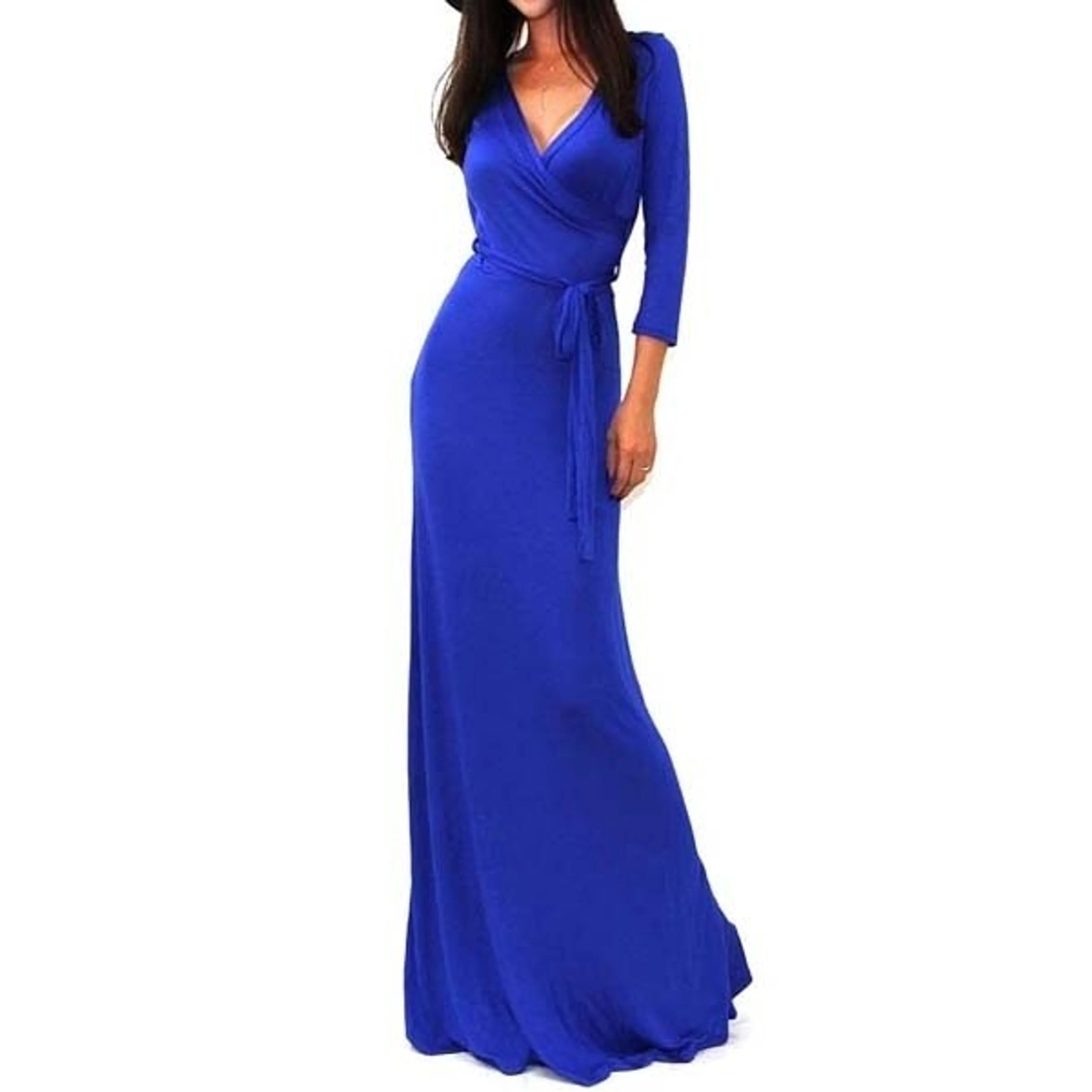 Blue TD Quarter Sleeve Faux Wrap Maxi Dress for Career Elegant and Stylish