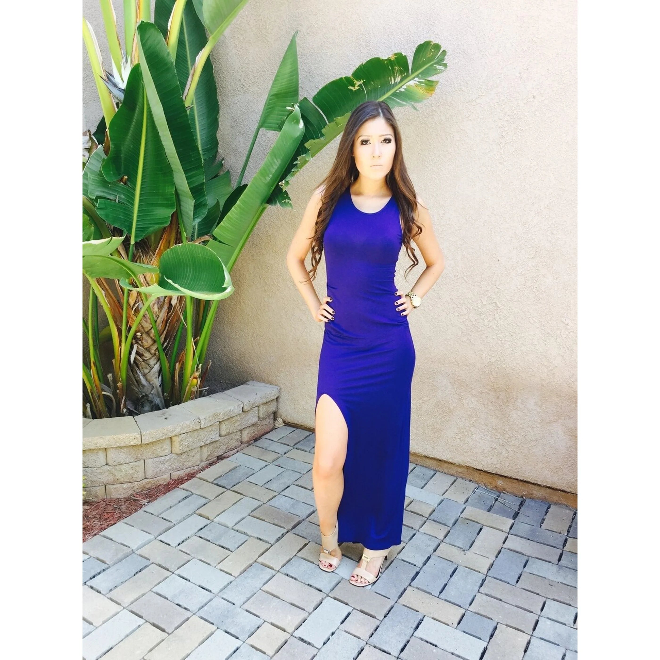 TD Maximize Woman's Blue Slit Maxi Dress Custom Designed Floor-Length Elegant Casual Party Style with Ruffles ODM XS to XL Sizes
