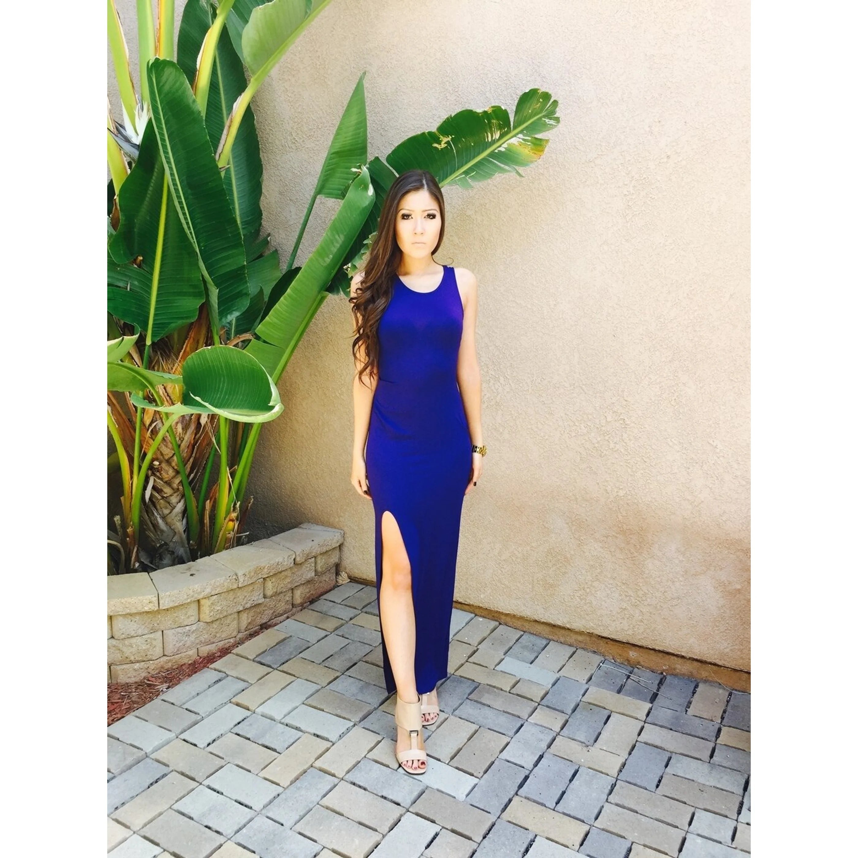 TD Maximize Woman's Blue Slit Maxi Dress Custom Designed Floor-Length Elegant Casual Party Style with Ruffles ODM XS to XL Sizes