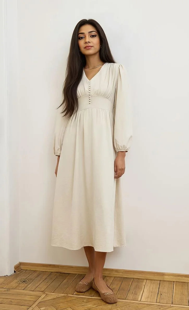 Cream V-Neck Long Sleeve Maxi Dress with Button Front - Elegant High Waist Flowy Gown for Women