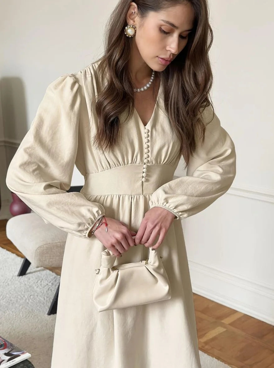 Cream V-Neck Long Sleeve Maxi Dress with Button Front - Elegant High Waist Flowy Gown for Women