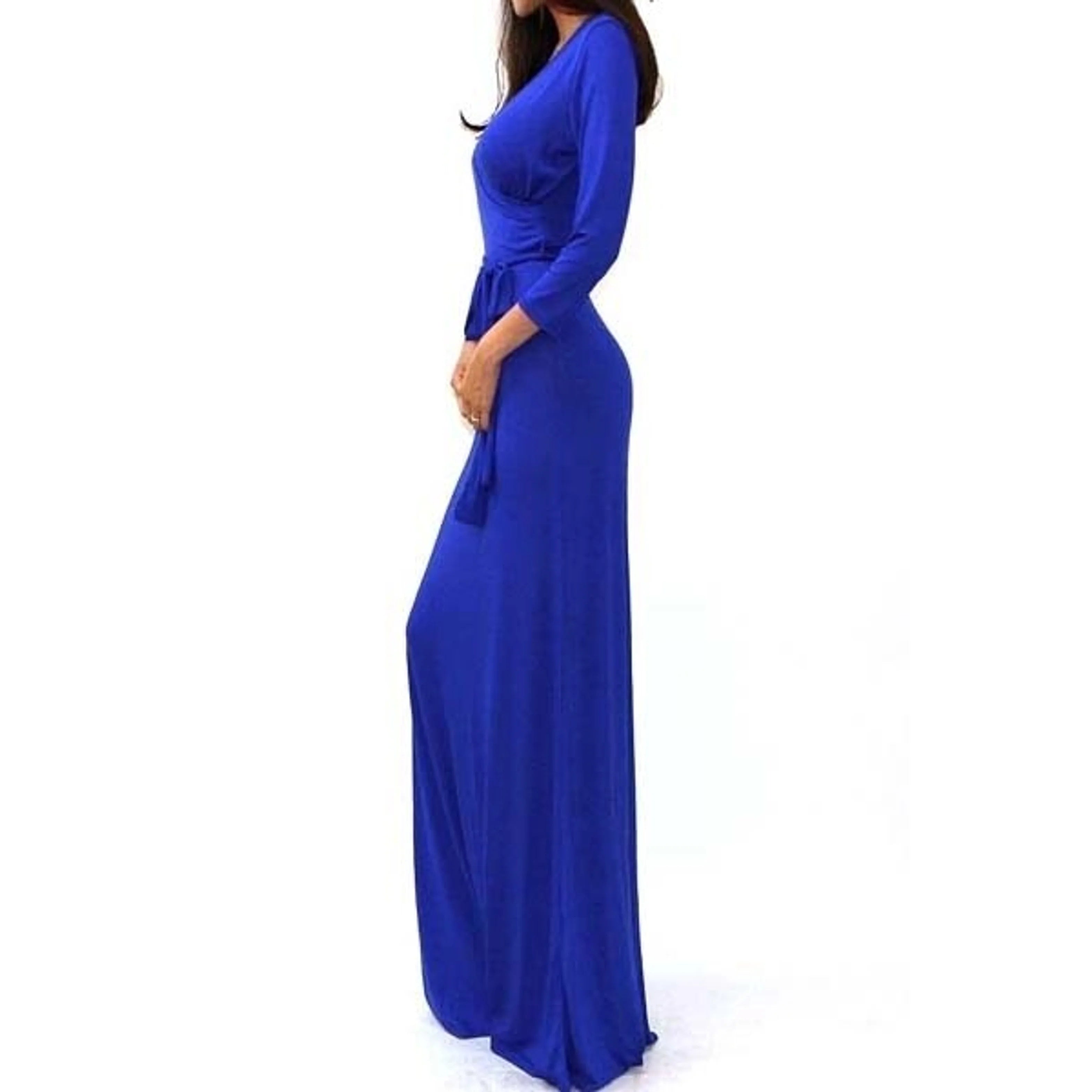 Blue TD Quarter Sleeve Faux Wrap Maxi Dress for Career Elegant and Stylish