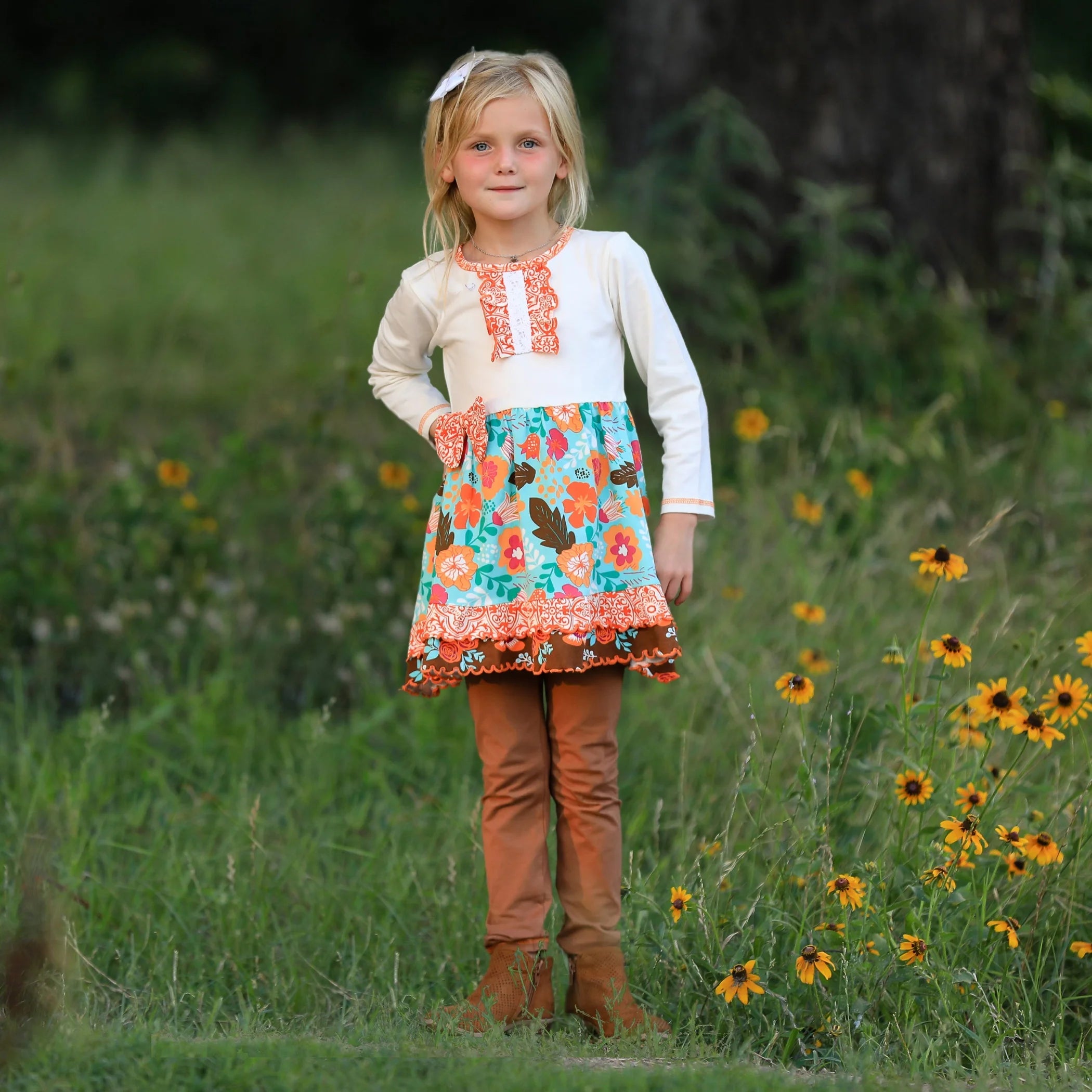 TD AnnLoren Girls Casual Autumn Floral Ruffle Thanksgiving Dress & Leggings Set for 2T 3T 4T & 6 Years