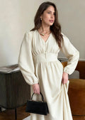 Cream V-Neck Long Sleeve Maxi Dress with Button Front - Elegant High Waist Flowy Gown for Women