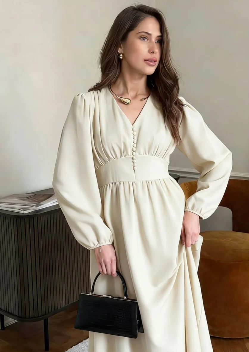 Cream V-Neck Long Sleeve Maxi Dress with Button Front - Elegant High Waist Flowy Gown for Women