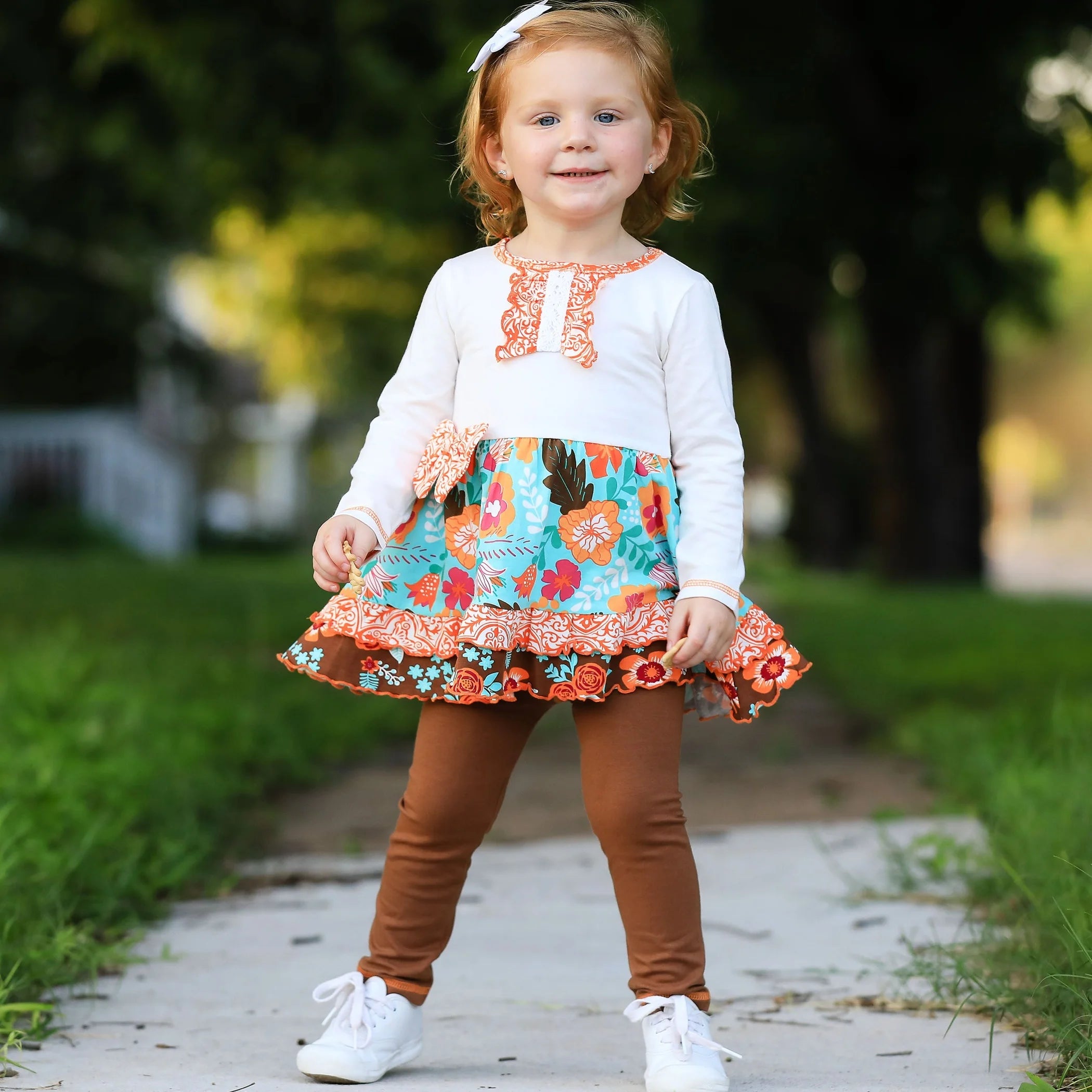 TD AnnLoren Girls Casual Autumn Floral Ruffle Thanksgiving Dress & Leggings Set for 2T 3T 4T & 6 Years