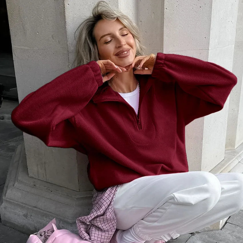 Women Autumn Winter Fleece Hoodies Elegant Stand Collar Zipper Loose Sweatshirt Elegant Solid Pullover Casual Top Streetwear