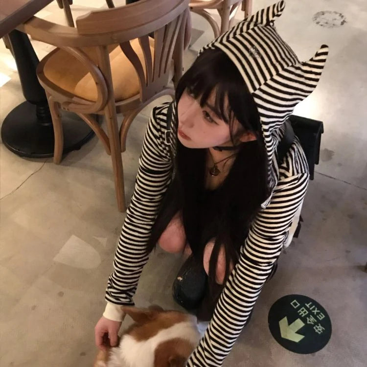 Vintage Sexy Stripe Loose Harajuku Devil's Cape Hooded Hoodies Women Diamond Hoody Y2k Aesthetic Grunge Zipper Sweatshirt Tops