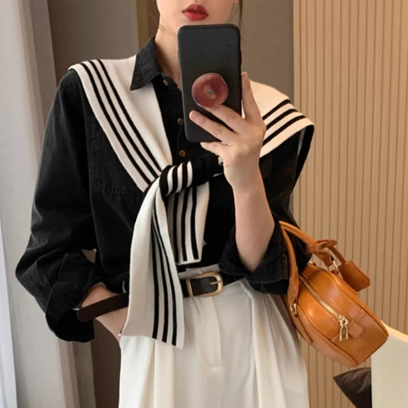 Womem Fashion Sweater Knitted Knotted Shawl Black White Stripe Double sided Sweater Shawl Travel Casual Scarf Knitted Shawl