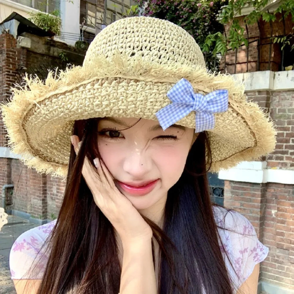 Summer Elegant Big Bowknot Sun Hat Sweet Wide Brim Woman's Straw Hat Anti UV Sun Protection Lace Brim Sunshade Cap Beach