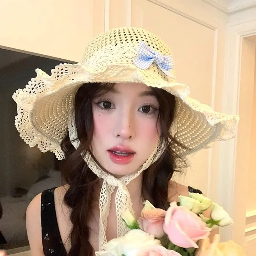 Summer Elegant Big Bowknot Sun Hat Sweet Wide Brim Woman's Straw Hat Anti UV Sun Protection Lace Brim Sunshade Cap Beach