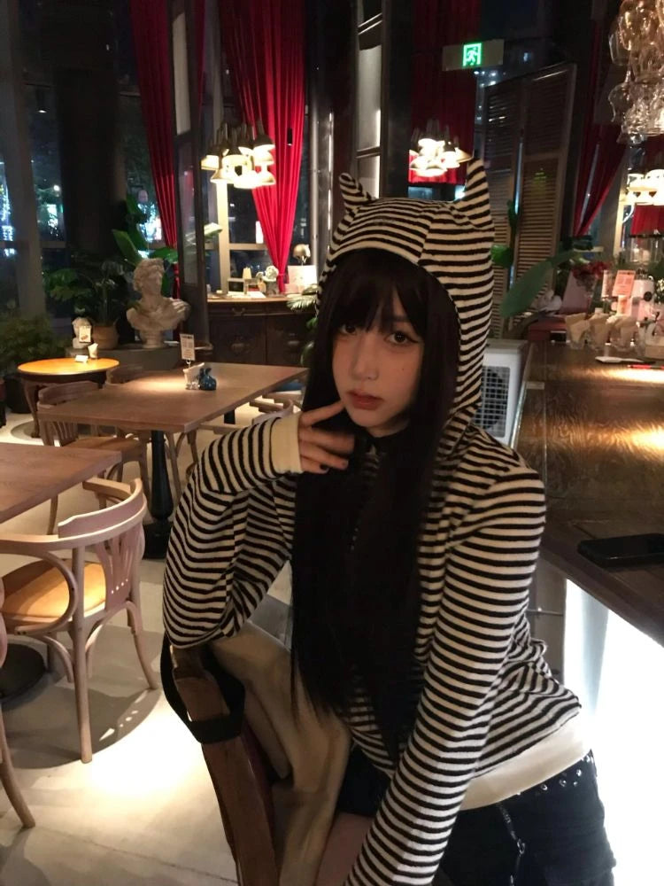 Vintage Sexy Stripe Loose Harajuku Devil's Cape Hooded Hoodies Women Diamond Hoody Y2k Aesthetic Grunge Zipper Sweatshirt Tops