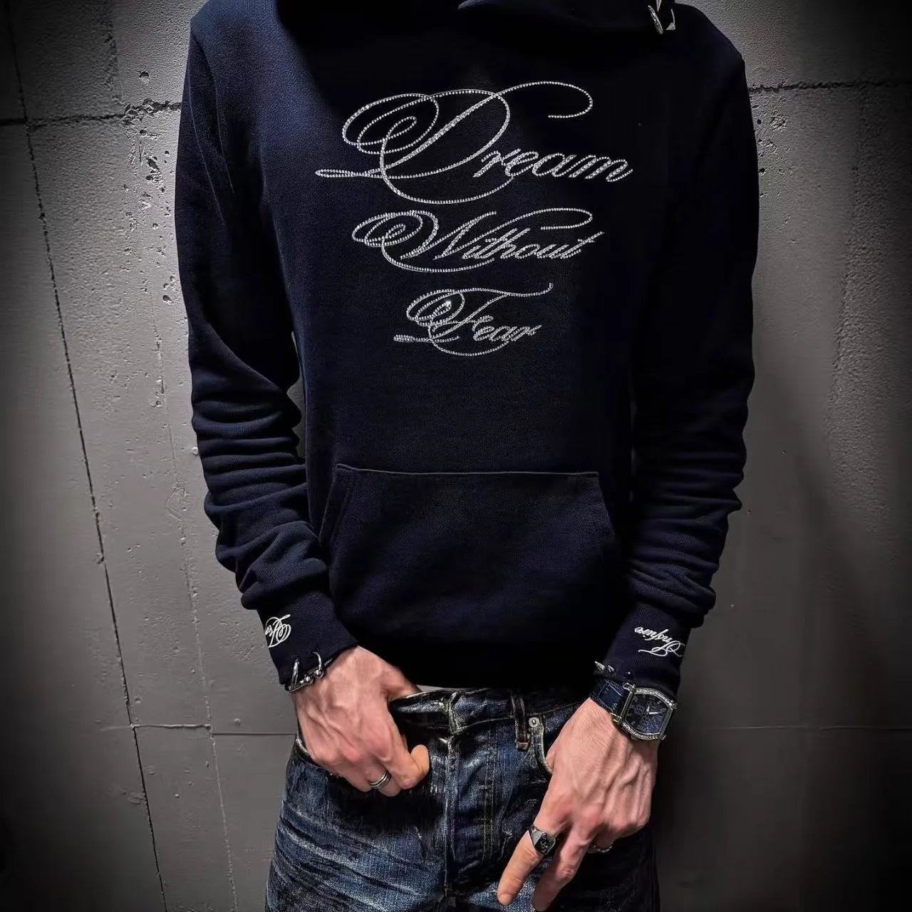 Punk Gothic Letters Hot Diamond American Retro Men and Women Pullover Hoodie Personalized Fashion Loose Casual Sweatshirt