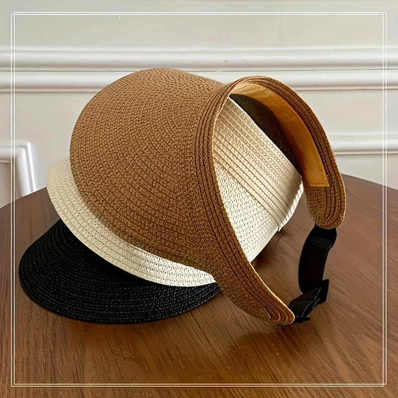 Summer  Woven Sun Hat, Wide Brim UV Resistant Summer Beach Hat, Can Roll Up Ponytail Travel Sun Hat