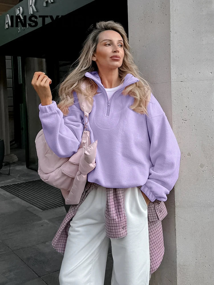 Women Autumn Winter Fleece Hoodies Elegant Stand Collar Zipper Loose Sweatshirt Elegant Solid Pullover Casual Top Streetwear