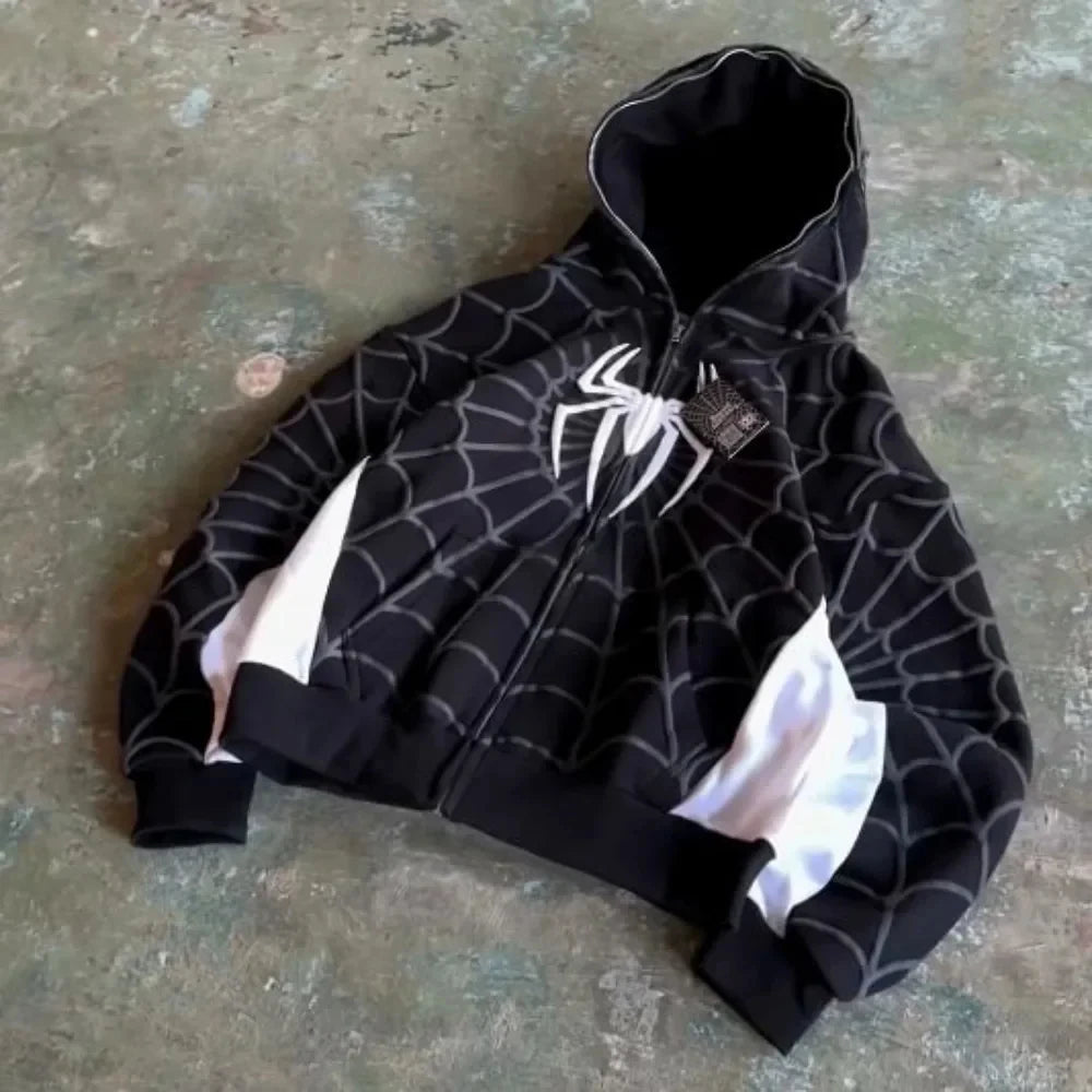 American Retro Spider Patchwork Print Hoodies Fashion Oversized Loose Full Zipper Hoodie Men Jacket Gothic Street Y2k Sweatshirt