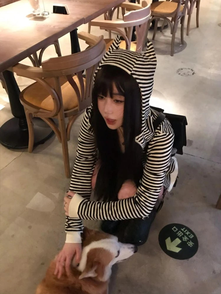 Vintage Sexy Stripe Loose Harajuku Devil's Cape Hooded Hoodies Women Diamond Hoody Y2k Aesthetic Grunge Zipper Sweatshirt Tops