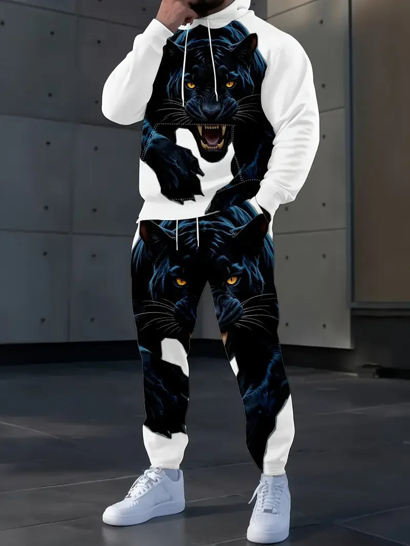 Trendy Men's 3D Animal Tiger Print Hoodies 2-Piece Set Fashion Men Women Tracksuit Outfits Outdoor Sports Sweatshirts Pants Suit