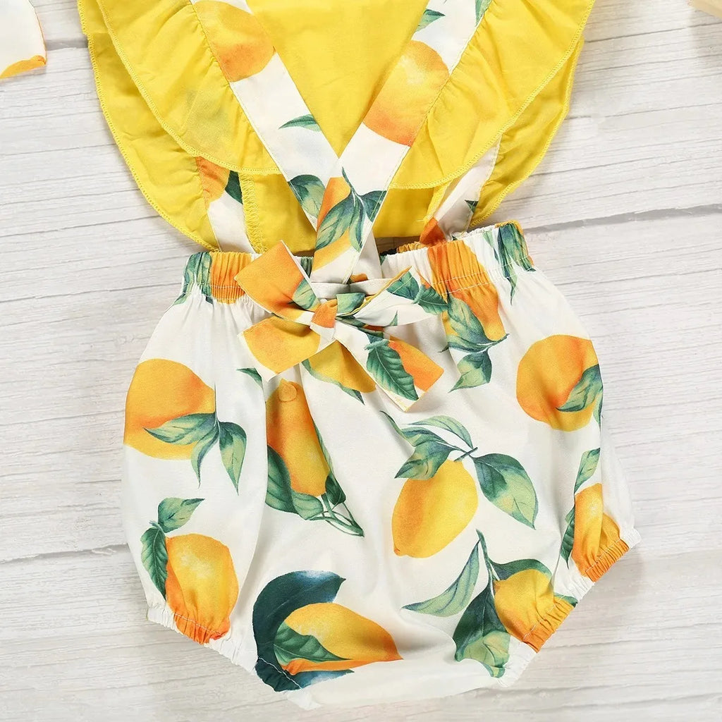 Summer  Baby Girls Lemon Ruffles Sleeveless Jumpsuits Cotton Romper With Headband Summer Newborn Girls Clothing