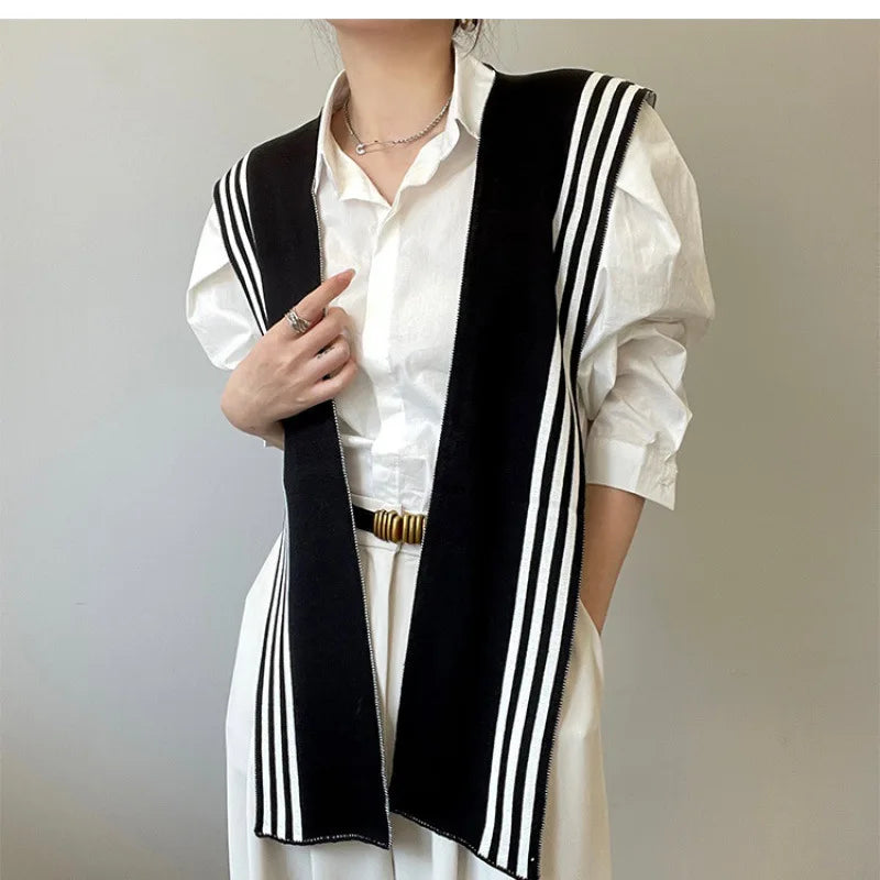 Womem Fashion Sweater Knitted Knotted Shawl Black White Stripe Double sided Sweater Shawl Travel Casual Scarf Knitted Shawl
