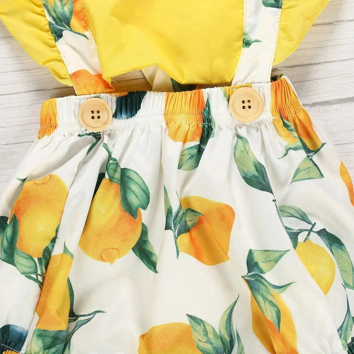 Summer  Baby Girls Lemon Ruffles Sleeveless Jumpsuits Cotton Romper With Headband Summer Newborn Girls Clothing