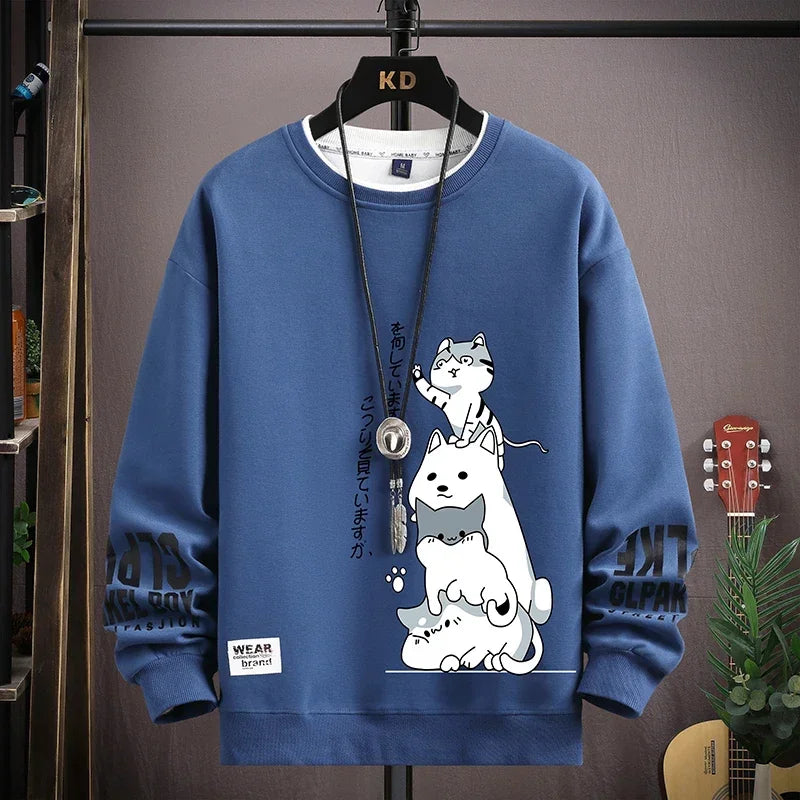 Autumn Men's Sweatshirt Adolescent Astronaut Printed Long Sleeve T-shirt Fashion Men's Clothing Grey O Neck Harajuku Top New