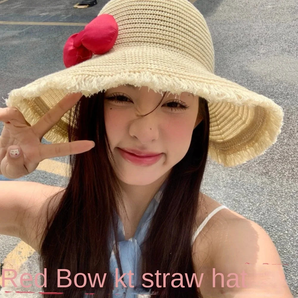 Summer Elegant Big Bowknot Sun Hat Sweet Wide Brim Woman's Straw Hat Anti UV Sun Protection Lace Brim Sunshade Cap Beach